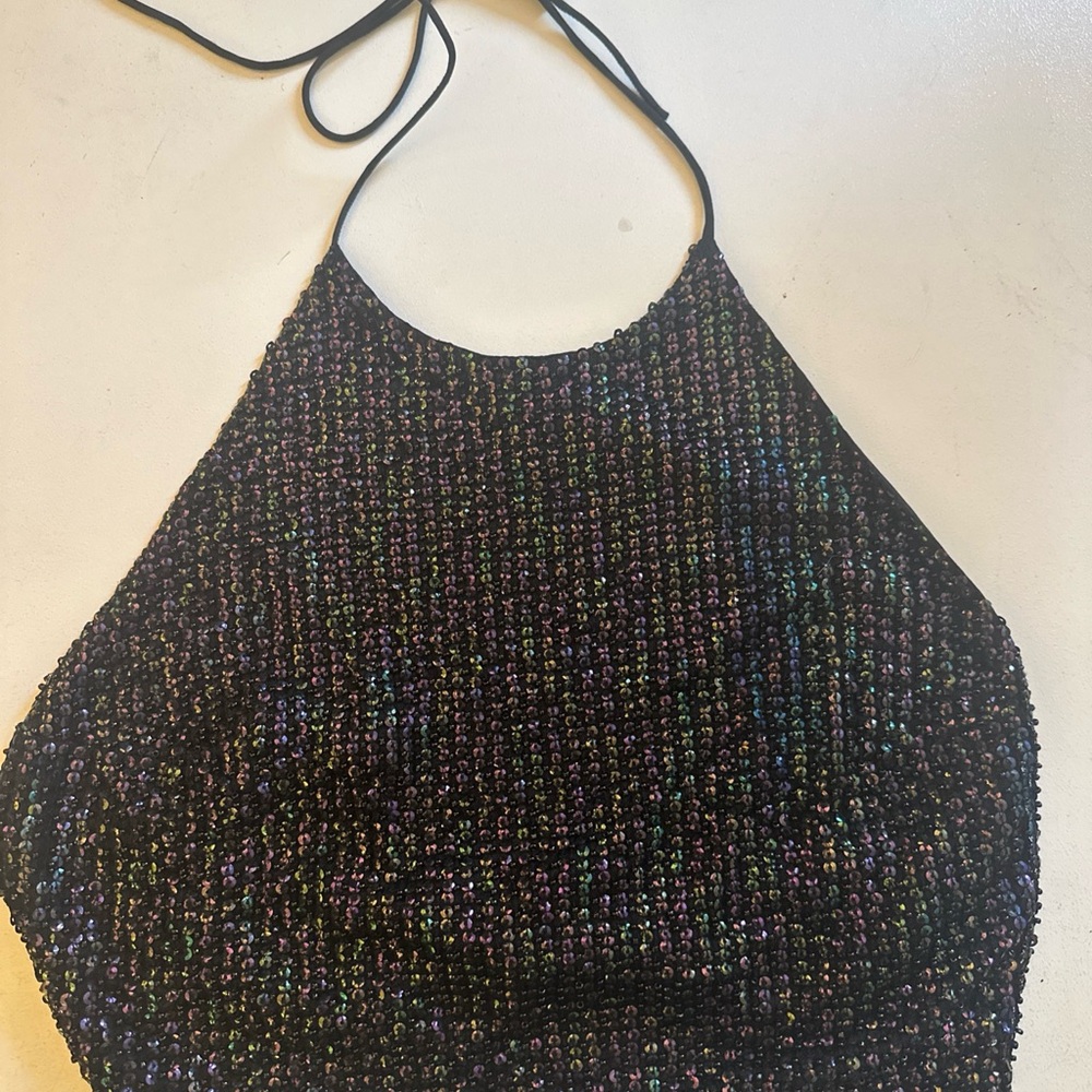 Topshop Black Sequin Embellished Halter Top